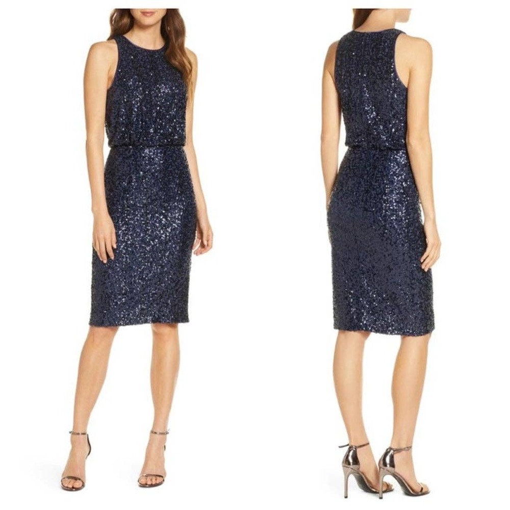 Eliza J Sequin Sleeveless Blouson Special Occassion Chic Cocktail Dress in Navy